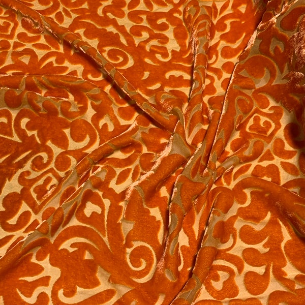 Deep Orange Scroll - Hand Dyed Burnout Silk Velvet