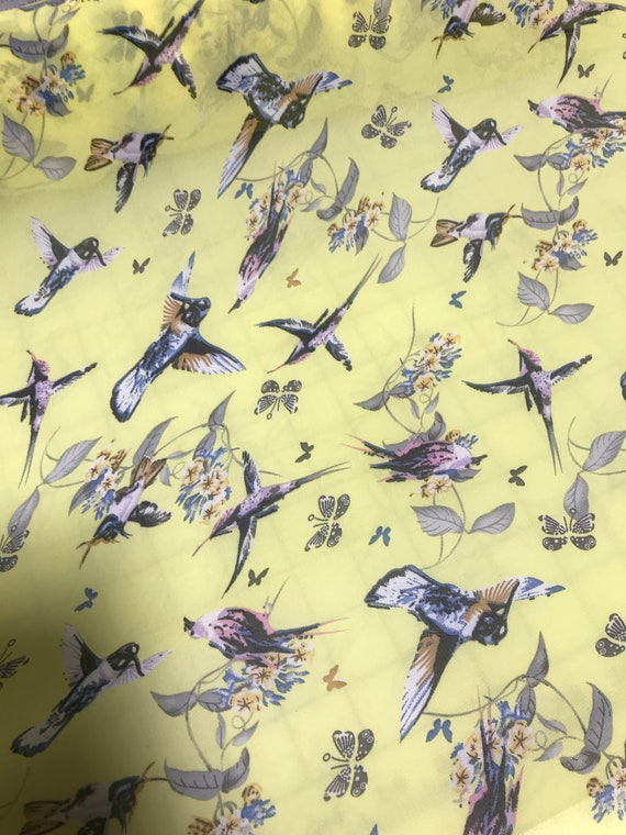 yellow chiffon fabric - Yellow with Hummingbirds - Polyester Chiffon Fabric