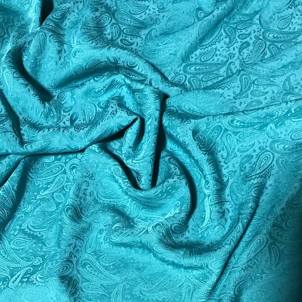 Hand Dyed Teal Blue PAISLEY - Silk Jacquard Fabric