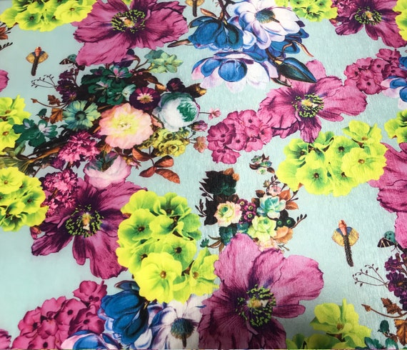 aqua taffeta fabric - Aqua Purple Green Multi Floral - Stretch Polyester Taffeta Fabric