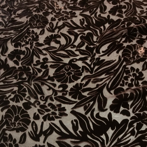 CHOCOLATE BROWN Floral Burnout Hand Dyed Silk Velvet Fabric