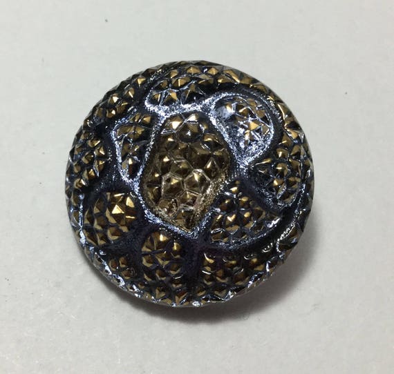 silver none - Vintage Glass Button - Mirror Back Steel Blue with Silver Luster Geometric 1-1/16"