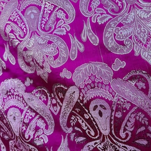 Fuchsia Pink & Silver Damask Paisley - Faux Silk Brocade Jacquard Fabric