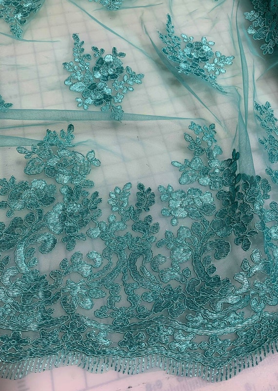 Teal Floral Embroidered Tulle Lace Fabric | Etsy