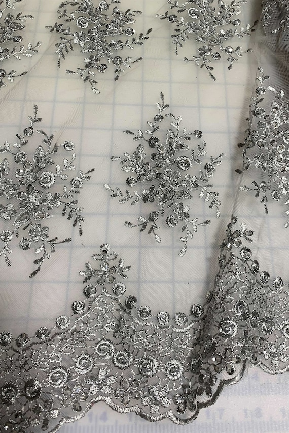 Silver Floral Beaded Embroidered Tulle Lace Fabric