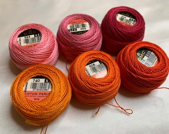 lot of 6 DMC 116 8 Perle Cotton Thread Balls, Size 8 brand new sunset colors #28