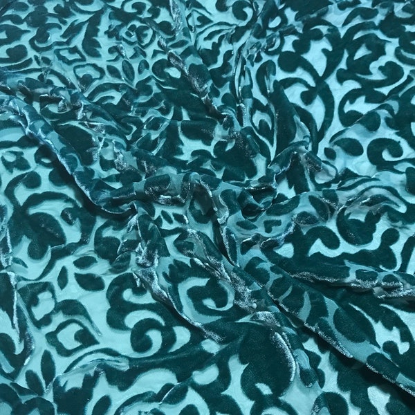 Teal Green Scroll - Hand Dyed Burnout Silk Velvet