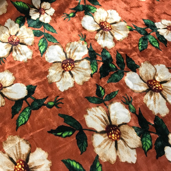 Rust & Ivory Floral - Stretch Polyester Velvet Fabric