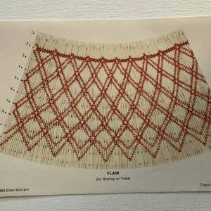 Könnte beinhalten: Ein Vintage-Schnittmuster mit dem Titel "FLAIR" für ein Bischofs- oder Jochdesign. Das Muster zeigt einen cremefarbenen Stoff mit einem roten Rautenmuster. Das Bild enthält Maße und Urheberrechtsinformationen.