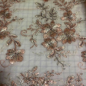 Rose Gold Floral Sequin Embroidered Tulle Lace Fabric
