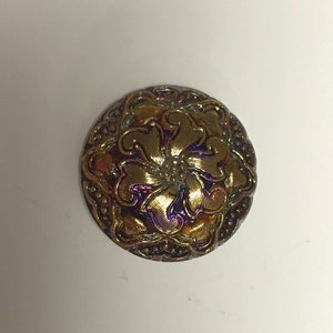 Vintage Glass Button - Mirror Back Iridescent Pink & Orange with Gold Flower 1-1/16&quot;