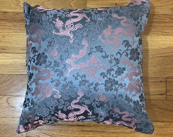 Silk Brocade Pillow Cover - Steel Blue & Pink DRAGONS - Handmade