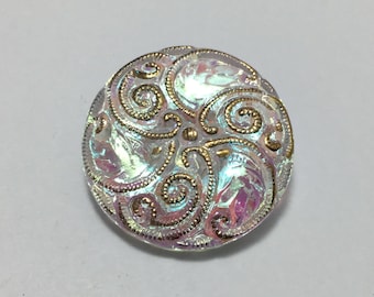 Vintage Glass Button - Mirror Back Iridescent Leaves Swirl Large 1-1/16"