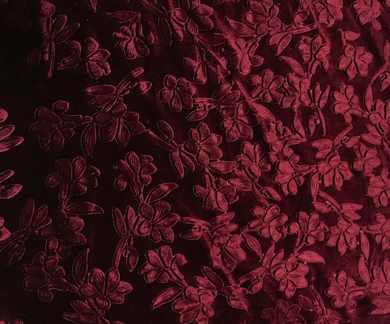 Maroon Floral Embossed Stretch Poly Velvet Fabric | Etsy