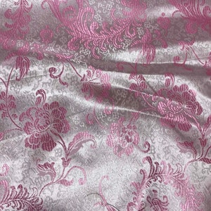 Pink & White Feather Floral - Faux Silk Brocade Fabric