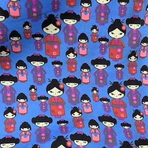 Japanese Geishas on Blue - Poly/Cotton Broadcloth Fabric