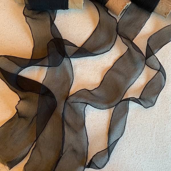 Black 100% Silk Sheer Crinkle Chiffon Ribbon ( 4 Widths to choose from)
