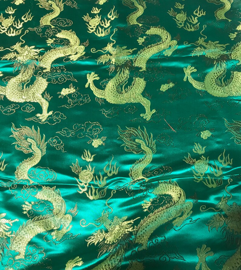 Faux Silk Brocade Fabric Emerald Green with Big Gold Dragons