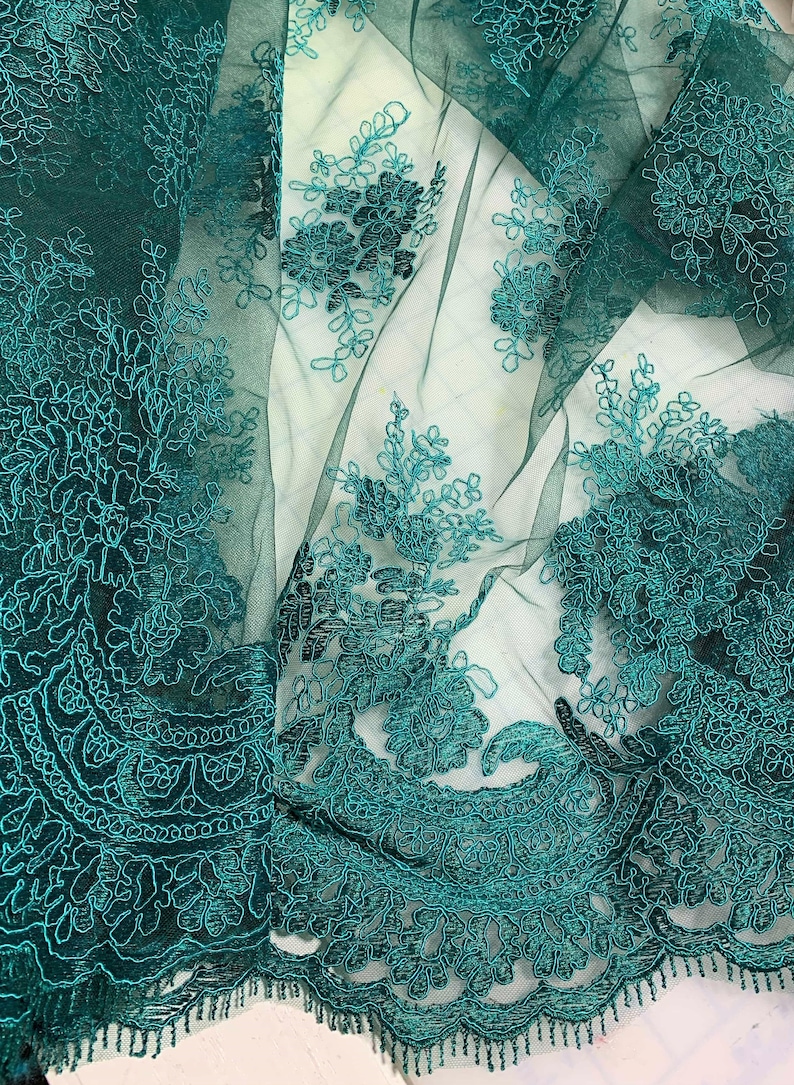 Teal Floral Scalloped Border Embroidered Tulle Lace Fabric Etsy