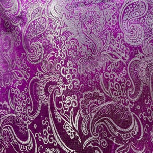 Magenta & Silver Paisley Floral - Faux Silk Brocade Jacquard Fabric