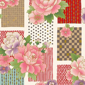 May include: A white background with a patchwork design featuring pink, purple, and white flowers. The design includes various patterns such as polka dots, stripes, and checkered patterns in red, white, and brown.