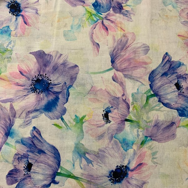 Purple Watercolor Poppies Floral - Kokka Japan Cotton/Linen Poplin Fabric