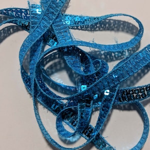 May include: A close-up of a blue sequined trim. The trim is made of a thin, flexible material and is decorated with small, shiny sequins.