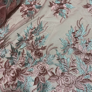 Dusty Rose Pink & Sage Green Roses Floral Embroidered Tulle Lace Fabric