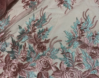 Dusty Rose Rosa & Sage Green Roses Floral Ricamato Tulle PizzO