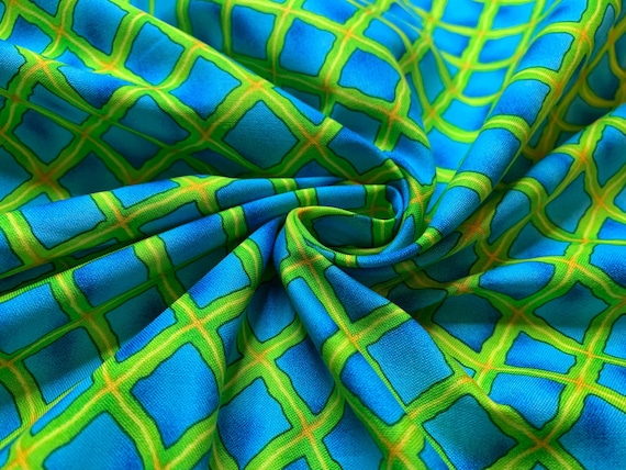 turquoise cotton fabric - Green & Turquoise Blue Diamonds Cotton Fabric Vintage 90's OOP by SSI