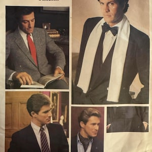 May include: Vogue Patterns sewing pattern featuring men's formal wear. The image shows a man in a gray suit with a red tie, and a man in a black tuxedo with a white scarf and bow tie. The pattern number is 2826.