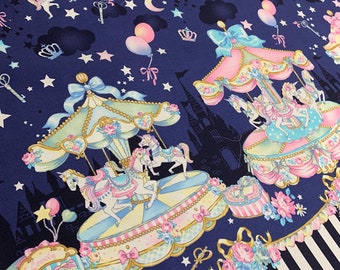 Carousel Horses on Dark Blue Border Print - Kokka Japan Cotton Twill Fabric