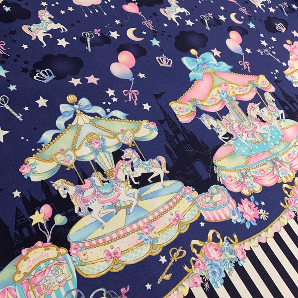 Chevaux carrousel sur bordure bleu foncé imprimé - Kokka Japan Cotton Twill Fabric