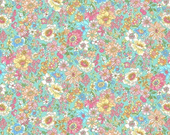 Pink & Peach Floral on Aqua - Yoihana - Cosmo Cotton Broadcloth Fabric