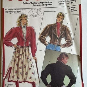 May include: A vintage Burda sewing pattern, number 5837, featuring illustrations of women's jackets and skirts. The pattern includes European sizes 34-42 and corresponding US sizes 8-16. The cover has text in German, French, and English.