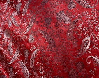 Red & Silver Paisley Floral- Faux Silk Brocade Jacquard Fabric
