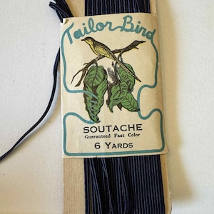 Ancien oiseau tailleur bleu marine, soutache, garniture vintage des années 1930, graphique branche d'oiseau