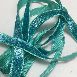 French VELVET Ribbon Lurex Metallic AQUAMARINE by the yard 10mm 3/8 inch