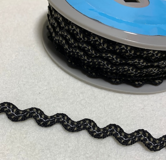 olive none - 5/8" Black with Olive Embroidered Vine Rick Rack Trim Made in France 2 yards