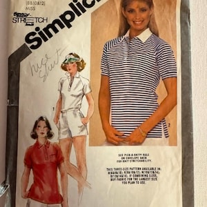 May include: Vintage Simplicity sewing pattern, size K (8, 10, & 12), featuring illustrations of polo shirts and shorts. The pattern includes instructions for knit fabrics. The price is $2.00.
