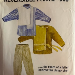 May include: A vintage sewing pattern titled "1st Class Shirt with Reversible Pants #308." The pattern features illustrations of a blue and white shirt, a yellow jacket, and tan pants. The text reads, "...the pages of a letter inspired this classy shirt."