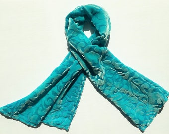 Silk Velvet Scarf in Hand Dyed Aqua Burnout Scroll Handmade 12x42"