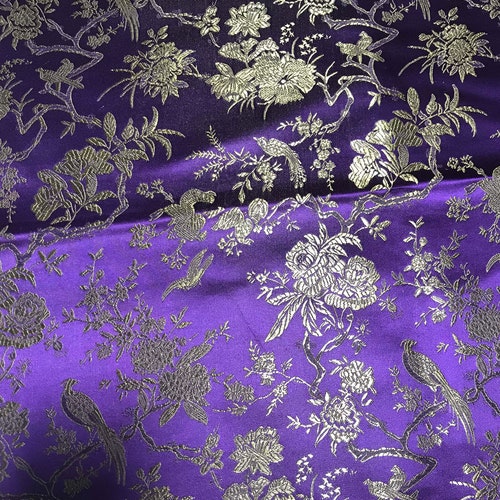 Purple & Gold Birds Floral Faux Silk Brocade Fabric - Etsy
