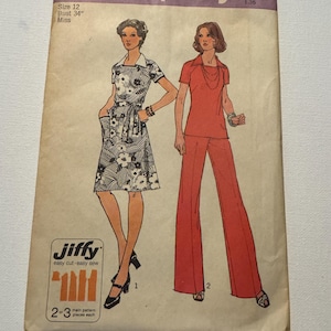 Vintage 1974 Simplicity 6384 Misses&#39; and Women&#39;s Jiffy Dress or Top and Pants Pattern Square Neckline Size 12 (Bust 34) Complete