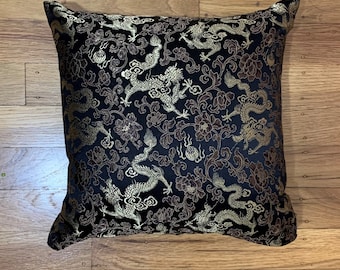 Silk Brocade Pillow Cover - Black & Gold DRAGONS - Handmade