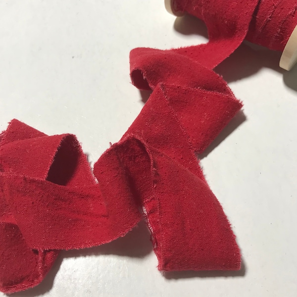 Hand Dyed Scarlet Red 100% Silk Noil Ribbon ( 3 Widths to choose from)