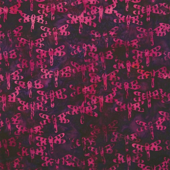 magenta cotton fabric - Hollyhock Magenta Dragonflies - Metamorphosis - Batik by Mirah Cotton Fabric