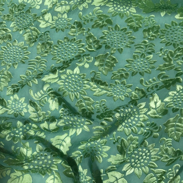 Hand Dyed Spring Green Sunflowers - Burnout Devore Satin Fabric