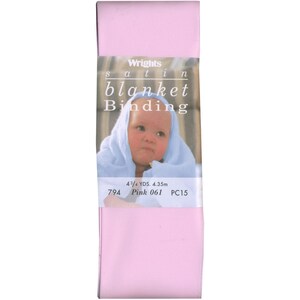 May include: Pink satin blanket binding, 4 3/4 yards, 4.35 meters, Wrights brand, product number 794, color 061, PC15.