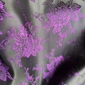 Black & Purple Roses Floral - Faux Silk Brocade Jacquard Fabric